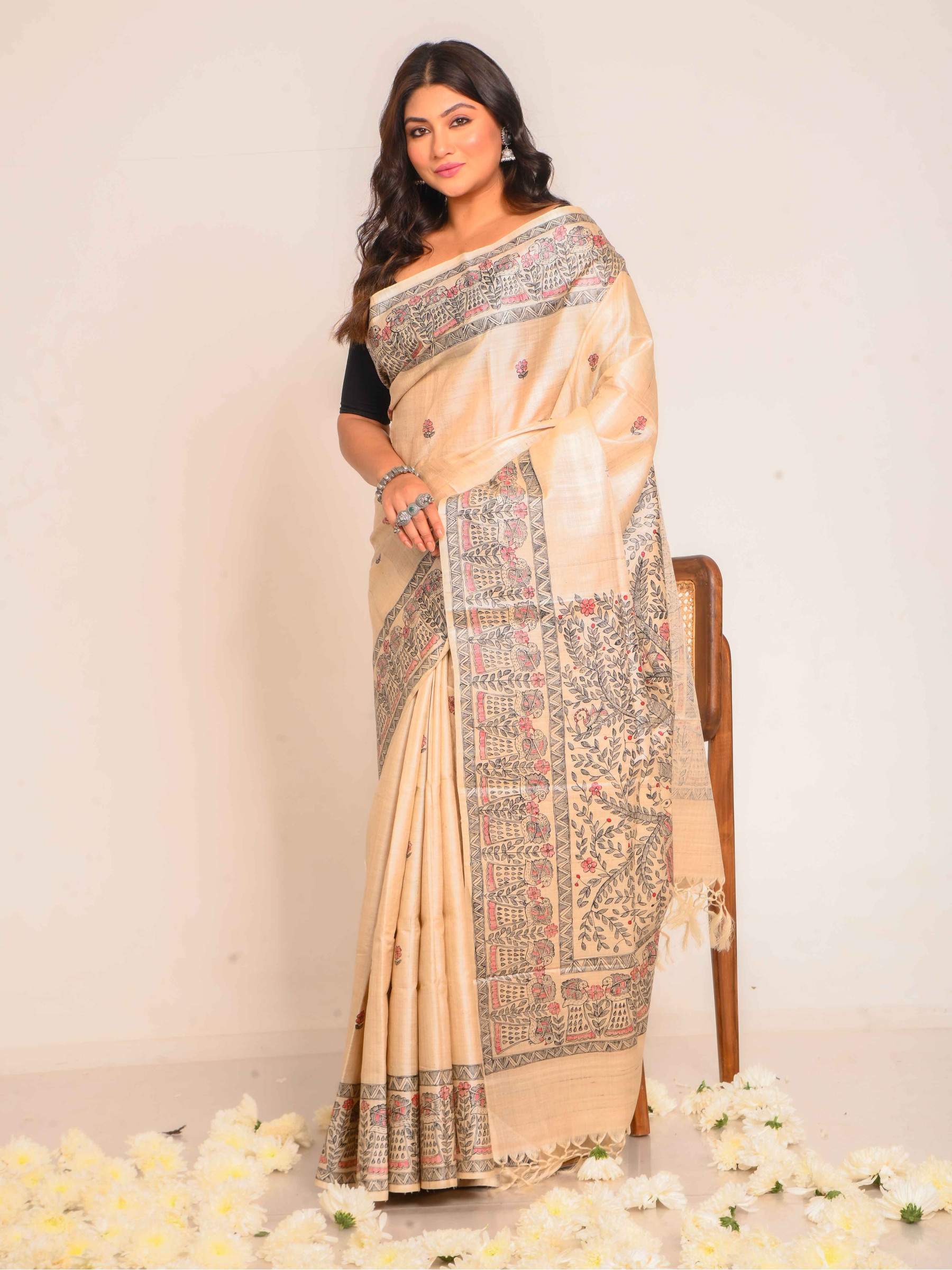 Madhubani Hand Paint Tussar Saree in Shades of Beige - BSHP59